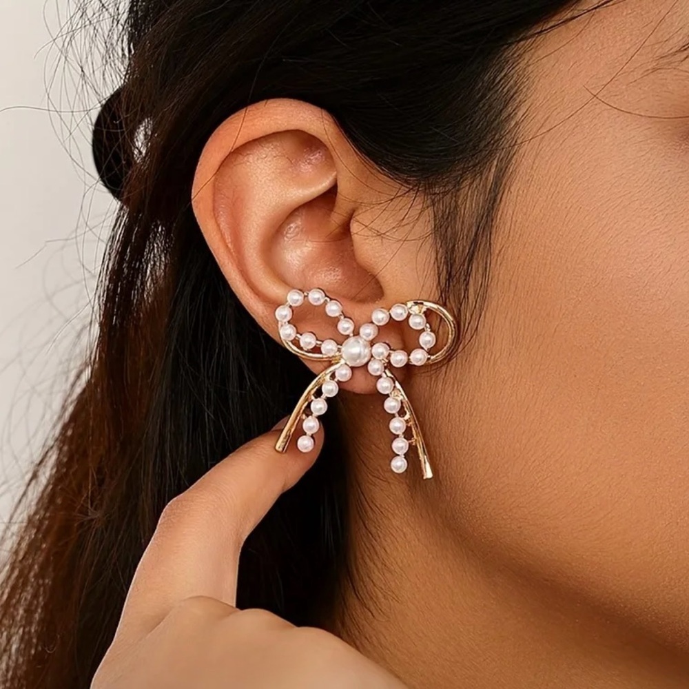 New Double layer pearl & gold coquette bow earrings trendy, gold bow, pearl